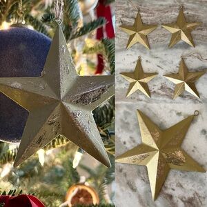 Set of 4 Gold Star Rustic Metal Holiday Ornaments - Christmas Decor / Gifts